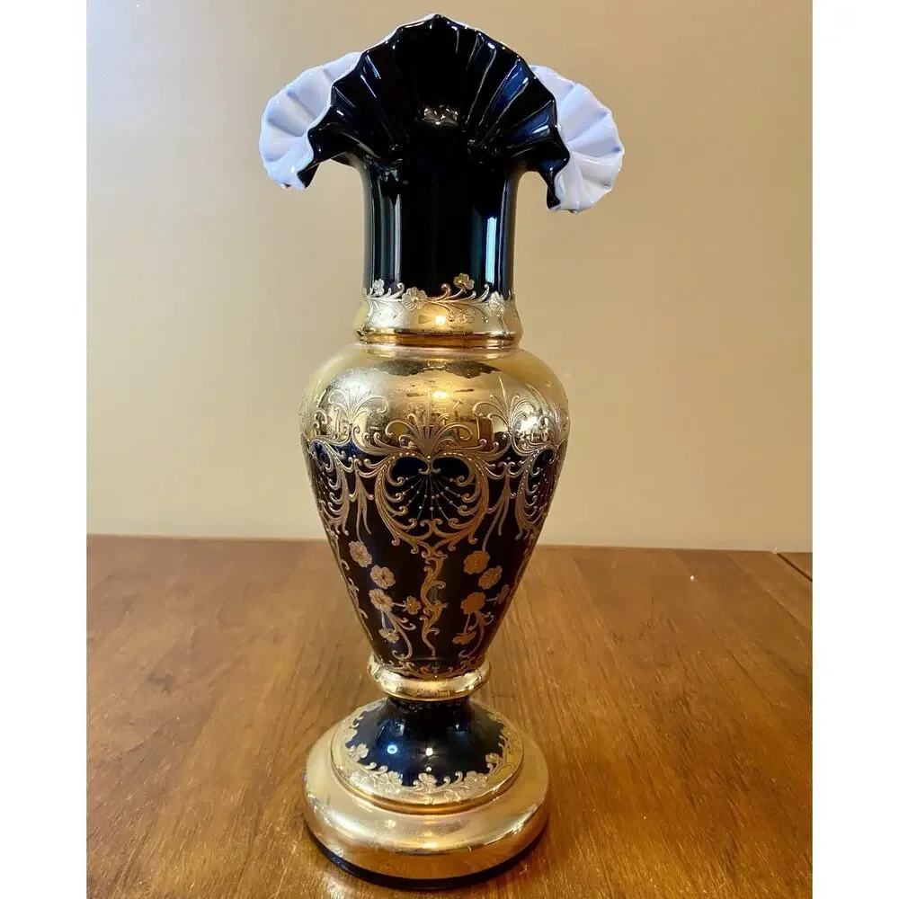 Bohemian Crystal Glass Vase Decorated Gold Flower Czech Republic